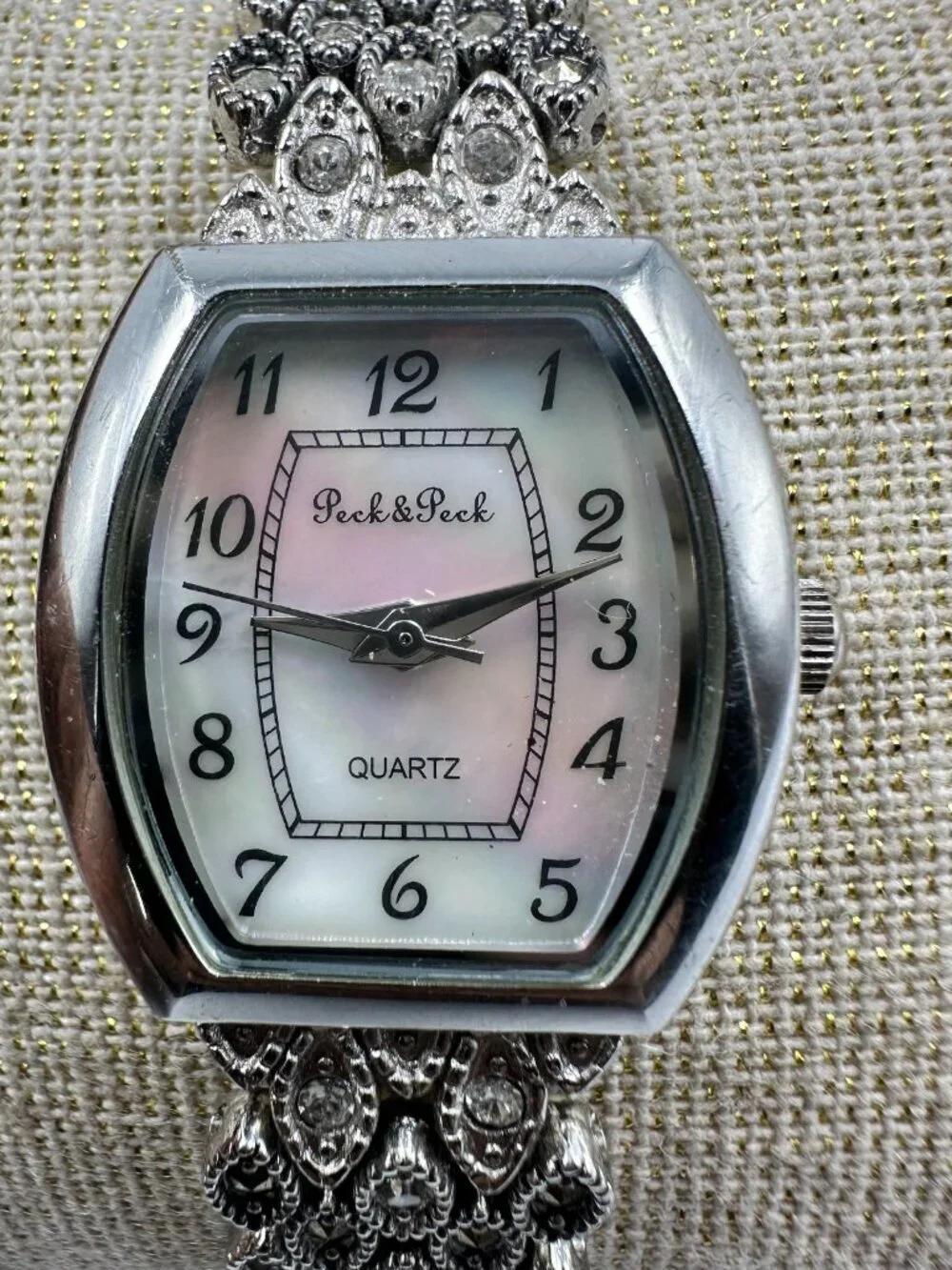 Peck & Peck Watch Silver Tone Marcasite Band MOP Dial New Battery 7 Inch
